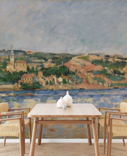 Kunsttapete mit dem Titel Das Dorf L'Estaque vom Meer aus gesehen von Paul Cezanne Kunsttapete mit dem Titel Das Dorf L'Estaque vom Meer aus gesehen von Paul Cezanne