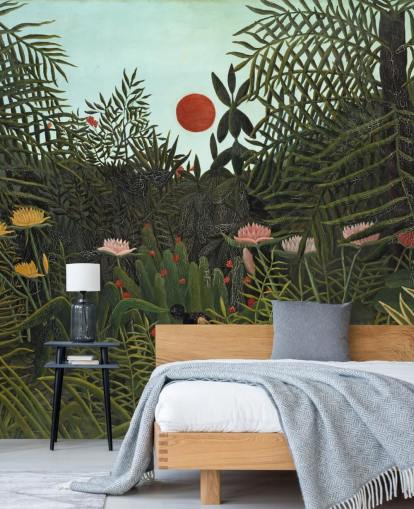 kunstmuurschildering genaamd Virgin Forest with Sunset van Henri Rousseau voor slaapkamers, woonkamers en eetkamers