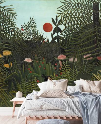 kunstmuurschildering genaamd Virgin Forest with Sunset van Henri Rousseau voor slaapkamers, woonkamers en eetkamers kunstmuurschildering genaamd Virgin Forest with Sunset van Henri Rousseau voor slaapkamers, woonkamers en eetkamers