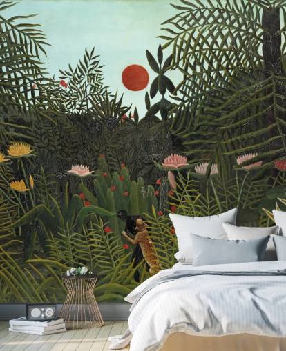Henri Rousseaun taide-seinämaalaus nimeltä Virgin Forest with Sunset, kirjoittanut Henri Rousseau makuuhuoneisiin, olohuoneisiin ja ruokasaleihin Henri Rousseaun taide-seinämaalaus nimeltä Virgin Forest with Sunset, kirjoittanut Henri Rousseau makuuhuoneisiin, olohuoneisiin ja ruokasaleihin