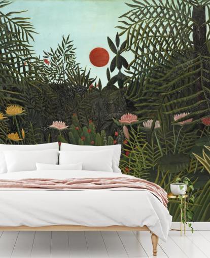 mural de pared de bellas artes llamado Selva Virgen con puesta de sol de Henri Rousseau para dormitorios, salas de estar y comedores mural de pared de bellas artes llamado Selva Virgen con puesta de sol de Henri Rousseau para dormitorios, salas de estar y comedores