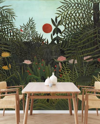 murale d'arte chiamato Virgin Forest with Sunset di Henri Rousseau per camere da letto, salotti e sale da pranzo murale d'arte chiamato Virgin Forest with Sunset di Henri Rousseau per camere da letto, salotti e sale da pranzo