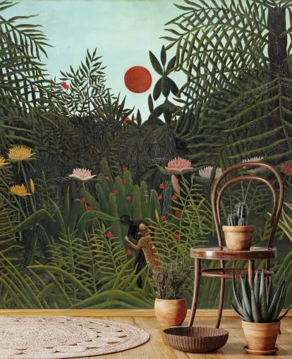 mural de parede de belas artes chamado Virgin Forest with Sunset de Henri Rousseau para quartos, salas de estar e salas de jantar