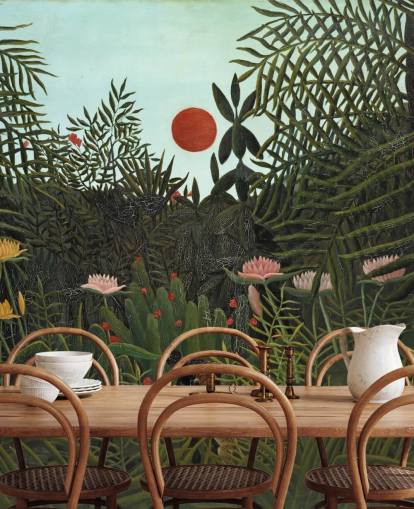 kunstmuurschildering genaamd Virgin Forest with Sunset van Henri Rousseau voor slaapkamers, woonkamers en eetkamers