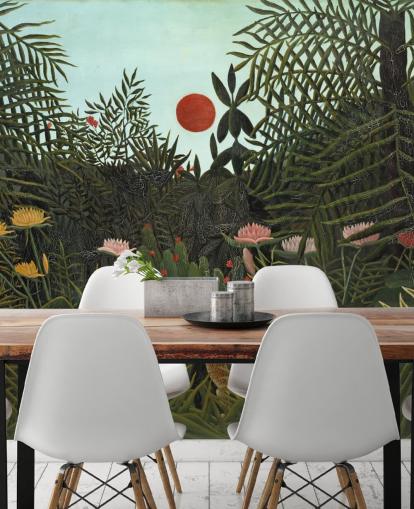 mural de pared de bellas artes llamado Selva Virgen con puesta de sol de Henri Rousseau para dormitorios, salas de estar y comedores