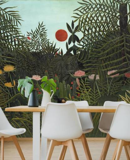 kunstvægmaleri kaldet Virgin Forest with Sunset af Henri Rousseau til soveværelser, stuer og spisestuer