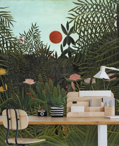 fresque murale d'art intitulée Forêt vierge avec coucher de soleil par Henri Rousseau pour les chambres, les salons et les salles à manger