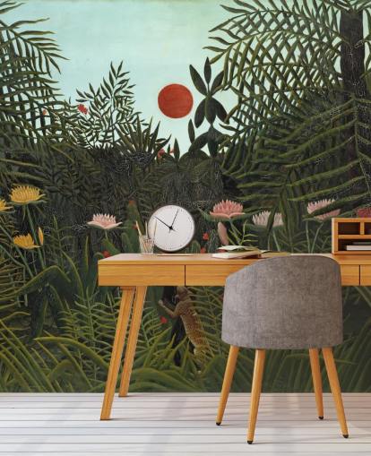mural de pared de bellas artes llamado Selva Virgen con puesta de sol de Henri Rousseau para dormitorios, salas de estar y comedores