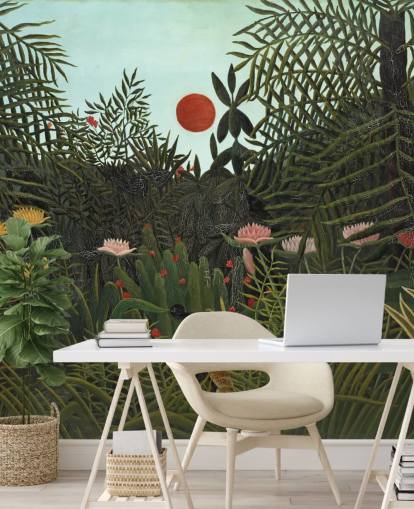 murale d'arte chiamato Virgin Forest with Sunset di Henri Rousseau per camere da letto, salotti e sale da pranzo