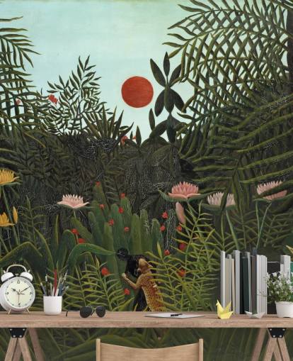 murale d'arte chiamato Virgin Forest with Sunset di Henri Rousseau per camere da letto, salotti e sale da pranzo