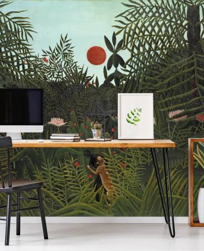 fine art wall mural called Virgin Forest with Sunset by Henri Rousseau for bedrooms, living rooms and dining rooms fine art wall mural called Virgin Forest with Sunset by Henri Rousseau for bedrooms, living rooms and dining rooms