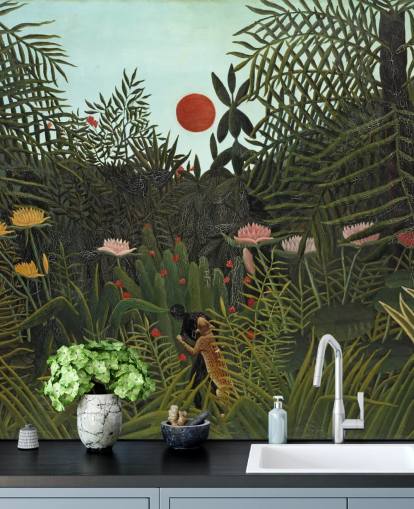 mural de pared de bellas artes llamado Selva Virgen con puesta de sol de Henri Rousseau para dormitorios, salas de estar y comedores