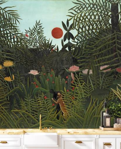 fine art wall mural called Virgin Forest with Sunset by Henri Rousseau for bedrooms, living rooms and dining rooms