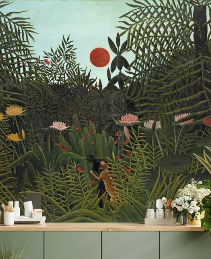 mural de pared de bellas artes llamado Selva Virgen con puesta de sol de Henri Rousseau para dormitorios, salas de estar y comedores