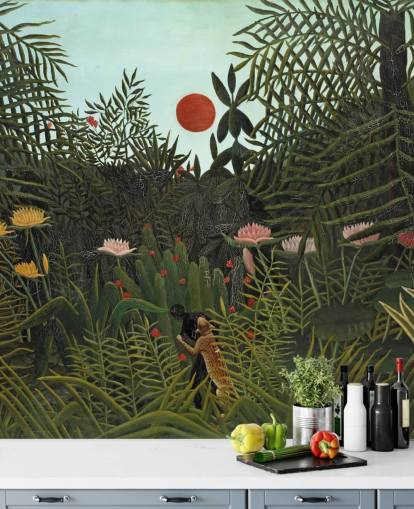 mural de parede de belas artes chamado Virgin Forest with Sunset de Henri Rousseau para quartos, salas de estar e salas de jantar