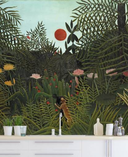 kunstveggmaleri kalt Virgin Forest with Sunset av Henri Rousseau for soverom, stuer og spiserom kunstveggmaleri kalt Virgin Forest with Sunset av Henri Rousseau for soverom, stuer og spiserom