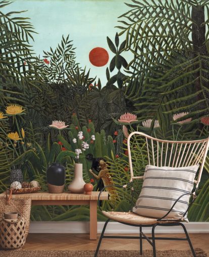 mural de pared de bellas artes llamado Selva Virgen con puesta de sol de Henri Rousseau para dormitorios, salas de estar y comedores