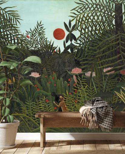 kunstmuurschildering genaamd Virgin Forest with Sunset van Henri Rousseau voor slaapkamers, woonkamers en eetkamers kunstmuurschildering genaamd Virgin Forest with Sunset van Henri Rousseau voor slaapkamers, woonkamers en eetkamers