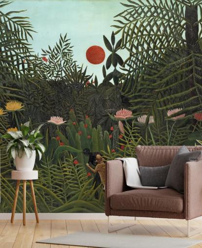 kunstmuurschildering genaamd Virgin Forest with Sunset van Henri Rousseau voor slaapkamers, woonkamers en eetkamers