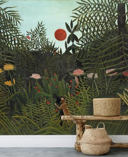 fine art wall mural called Virgin Forest with Sunset by Henri Rousseau for bedrooms, living rooms and dining rooms