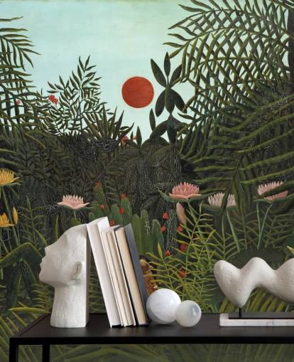 mural de pared de bellas artes llamado Selva Virgen con puesta de sol de Henri Rousseau para dormitorios, salas de estar y comedores