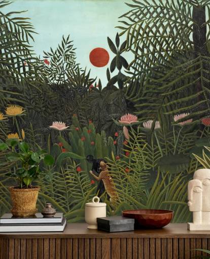 mural de pared de bellas artes llamado Selva Virgen con puesta de sol de Henri Rousseau para dormitorios, salas de estar y comedores
