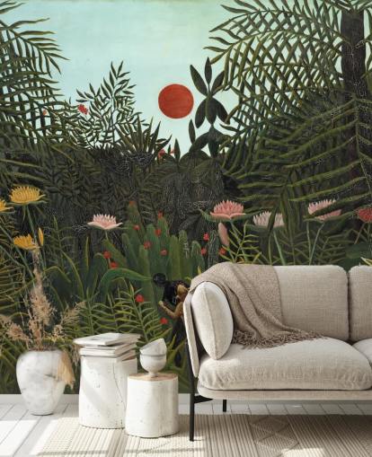 fine art wall mural called Virgin Forest with Sunset by Henri Rousseau for bedrooms, living rooms and dining rooms