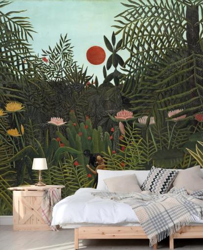 mural de parede de belas artes chamado Virgin Forest with Sunset de Henri Rousseau para quartos, salas de estar e salas de jantar