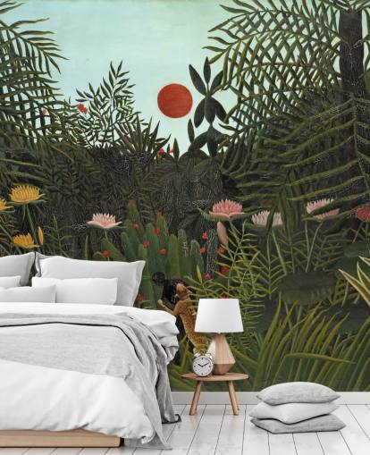 fine art wall mural called Virgin Forest with Sunset by Henri Rousseau for bedrooms, living rooms and dining rooms fine art wall mural called Virgin Forest with Sunset by Henri Rousseau for bedrooms, living rooms and dining rooms