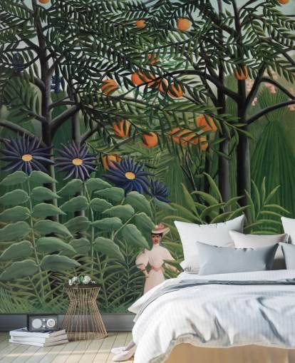 kunsttapet vægmaleri kaldet Kvinde, der går i en eksotisk skov af Henri Rousseau til kunsttapet vægmaleri kaldet Kvinde, der går i en eksotisk skov af Henri Rousseau til