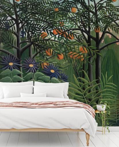 fine art behangmuurschildering genaamd Woman Walking in an Exotic Forest van Henri Rousseau voor 