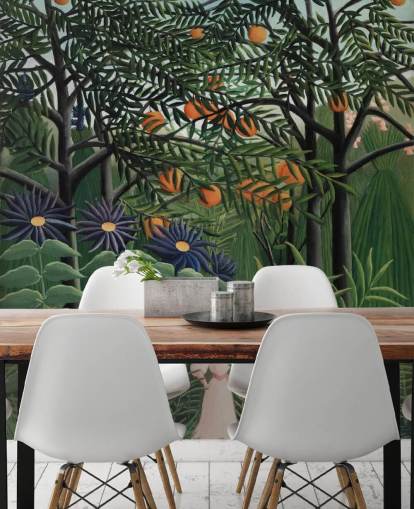 mural de papel pintado de bellas artes llamado Mujer caminando por un bosque exótico de Henri Rousseau para 