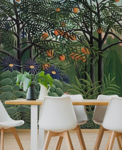 mural de papel pintado de bellas artes llamado Mujer caminando por un bosque exótico de Henri Rousseau para mural de papel pintado de bellas artes llamado Mujer caminando por un bosque exótico de Henri Rousseau para