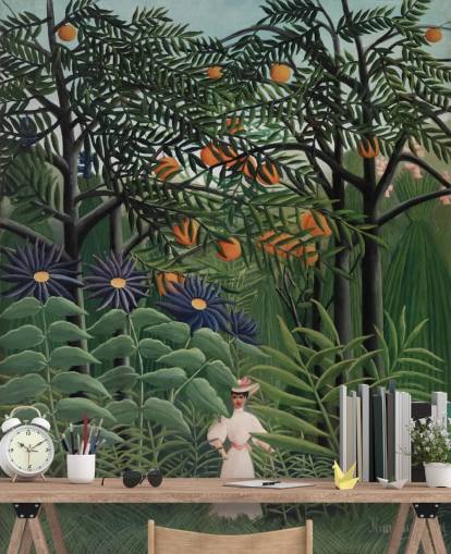 mural de papel de parede de belas artes chamado Woman Walking in an Exotic Forest, de Henri Rousseau, para 