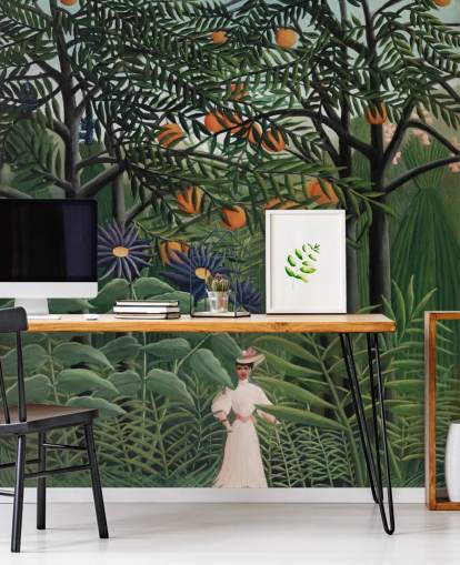 mural de papel pintado de bellas artes llamado Mujer caminando por un bosque exótico de Henri Rousseau para 