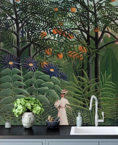 mural de papel pintado de bellas artes llamado Mujer caminando por un bosque exótico de Henri Rousseau para 