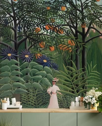 mural de papel de parede de belas artes chamado Woman Walking in an Exotic Forest, de Henri Rousseau, para 