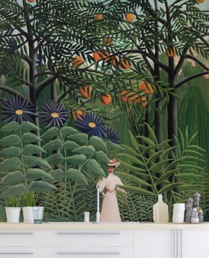 mural de papel de parede de belas artes chamado Woman Walking in an Exotic Forest, de Henri Rousseau, para mural de papel de parede de belas artes chamado Woman Walking in an Exotic Forest, de Henri Rousseau, para