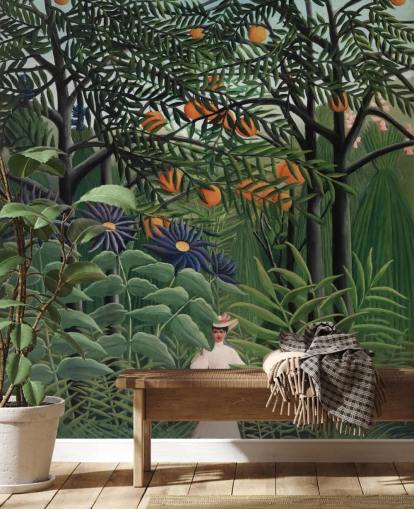 carta da parati fine art chiamata Woman Walking in an Exotic Forest di Henri Rousseau per 