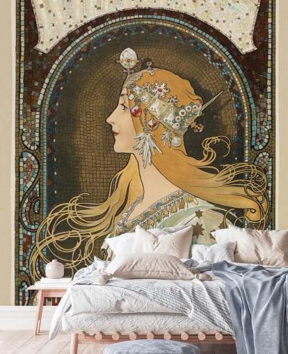 mural de papel pintado de bellas artes llamado Zodiac de Alphonse Mucha para pasillos, salas de estar y dormitorios