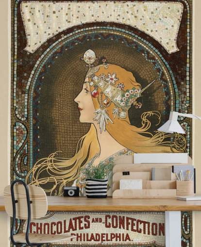 fine art behangmuurschildering genaamd Zodiac van Alphonse Mucha voor gangen, woonkamers en slaapkamers