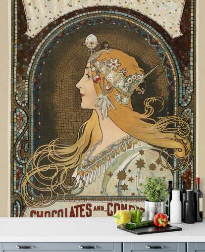 fine art wallpaper mural called Zodiac by Alphonse Mucha for hallways, living rooms and bedrooms