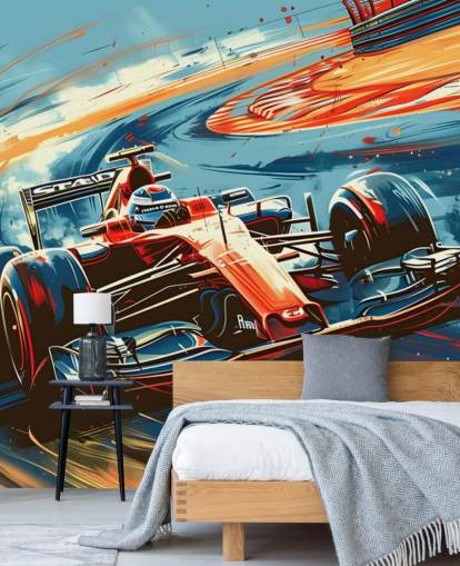 mural de papel pintado de carreras personalizable rojo y azul llamado Speeding Race Car Illustration para dormitorios y oficinas