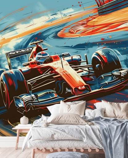 röd och blå anpassningsbar racing tapet väggmålning som heter Speeding Race Car Illustration för sovrum och kontor