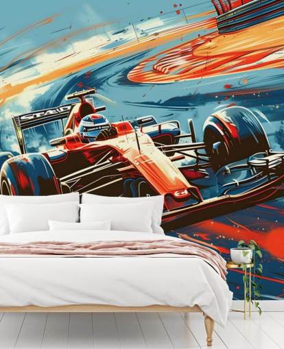 red and blue customizable racing wallpaper mural called Speeding Race Car Illustration for bedrooms and offices