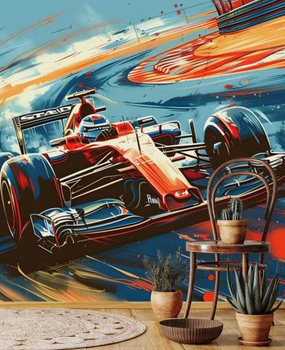mural de papel pintado de carreras personalizable rojo y azul llamado Speeding Race Car Illustration para dormitorios y oficinas