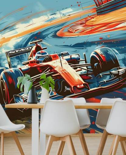 mural de papel pintado de carreras personalizable rojo y azul llamado Speeding Race Car Illustration para dormitorios y oficinas