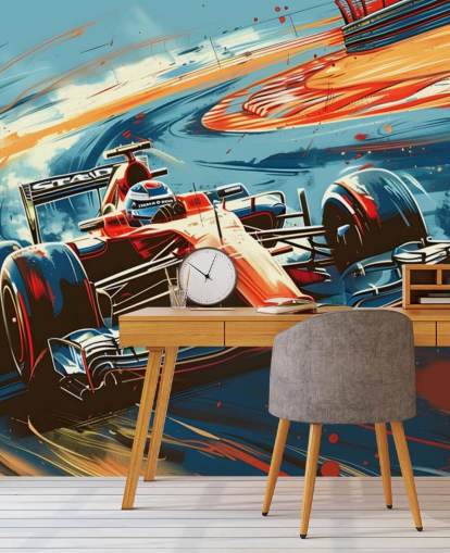 mural de papel pintado de carreras personalizable rojo y azul llamado Speeding Race Car Illustration para dormitorios y oficinas