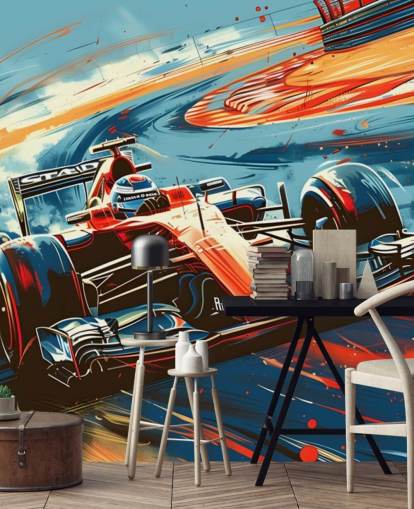 Personalisierbare Renntapete in Rot und Blau mit dem Titel Speeding Race Car Illustration für Schlafzimmer und Büros