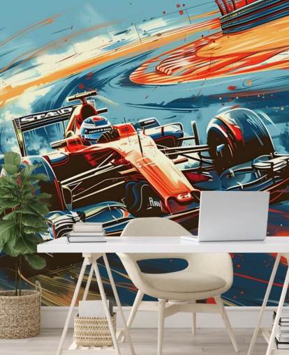 mural de papel pintado de carreras personalizable rojo y azul llamado Speeding Race Car Illustration para dormitorios y oficinas